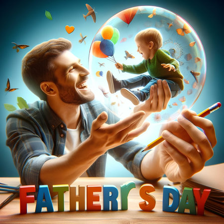 Father and son playing with a soap bubble. Father's day concept.の素材