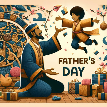 Happy Father's Day Greeting Card. Dad and son in traditional clothes. vector illustrationの素材