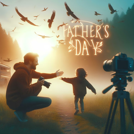 Father and daughter are photographed on a background of the forest at sunset.の素材