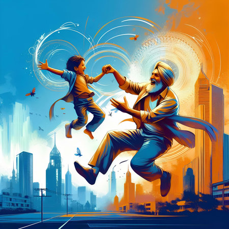 Happy father and son playing kung fu in the city. Vector illustration.の素材
