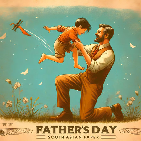 Fathers day greeting card with dad and son in retro style.の素材