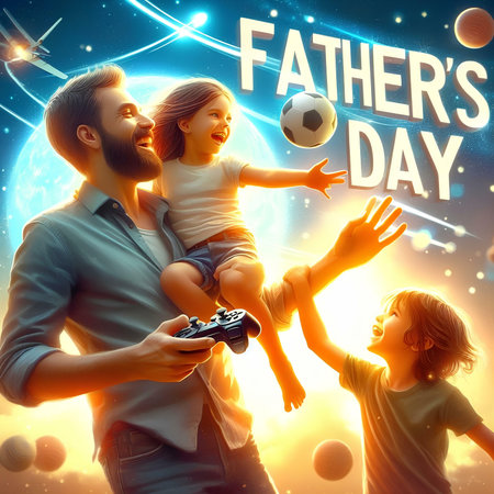Fathers day greeting card. Happy family playing video games in space.の素材