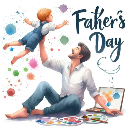 Father's day greeting card with father and son painting with watercolors, vector illustrationの素材