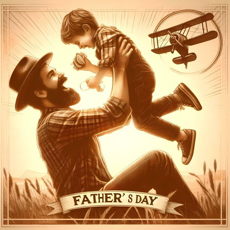 Fathers day greeting card with father and son. Vintage style.の素材