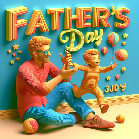 Fathers day greeting card with father and son in 3d illustrationの素材