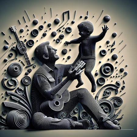 Musical background with the image of a child playing the guitar.の素材