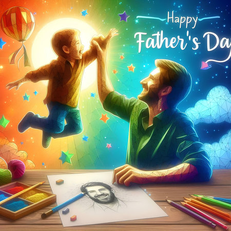 Fathers day greeting card with father and son drawing on the colorful backgroundの素材