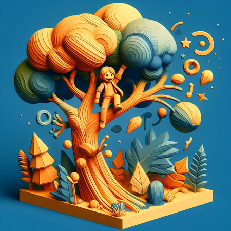 Cartoon tree with a boy on it. 3d illustration.の素材
