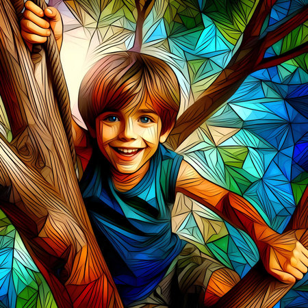 Colorful stained glass illustration of a young boy on a tree.の素材