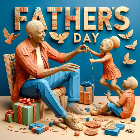 Fathers day greeting card with father and son. 3D illustrationの素材