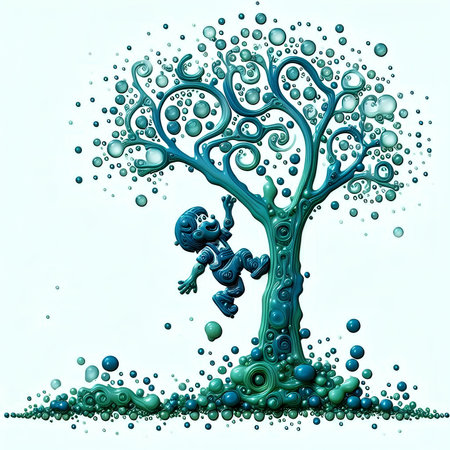 Little boy and a tree made of blue bubbles on white background.の素材