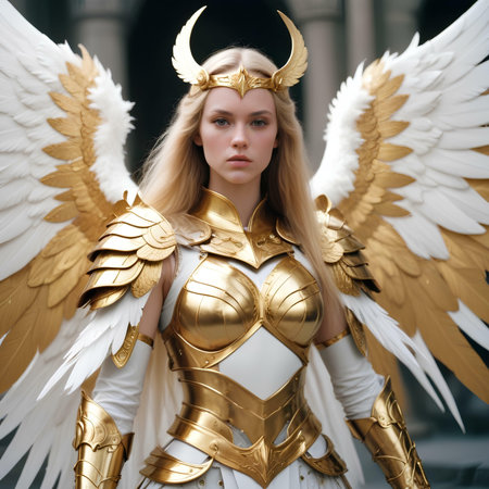 Warrior girl in armor with golden wings. Female warrior in armor on the street.の素材