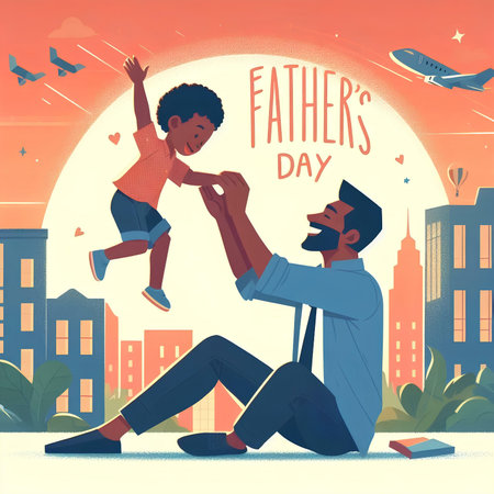 Fathers day greeting card with dad and son. Vector illustration.の素材