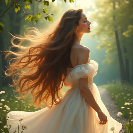 Beautiful young woman in long white dress with long flying hair in the forestの素材