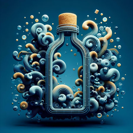 3D illustration of a bottle with a cork on a blue backgroundの素材