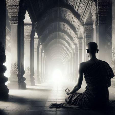 Buddhist monk praying in the ancient temple. 3D renderingの素材