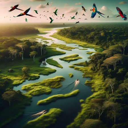 Beautiful landscape with a river and a flock of macaws.の素材