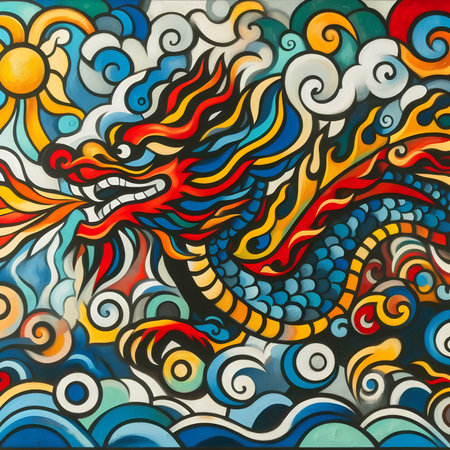 Colorful Chinese dragon painting on the wall, closeup of photoの素材