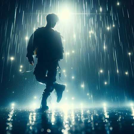 Silhouette of a man in the rain on a dark backgroundの素材