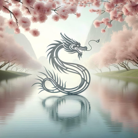 Dragon zodiac sign with cherry blossom and reflection on the waterの素材