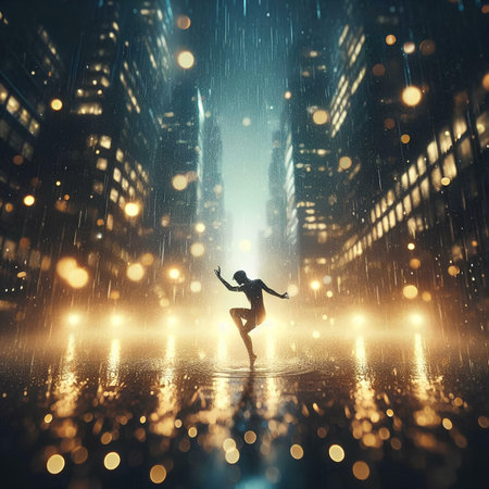 Woman running in the rain on a background of the night city.の素材