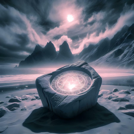 Stone planet on the beach at sunset. 3d render illustration.の素材