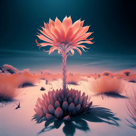 Cactus flower in the desert. 3D rendering. Computer digital drawing.の素材