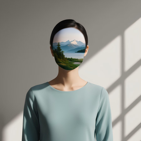 Woman with round head looking at mountain landscape through window. 3D renderingの素材