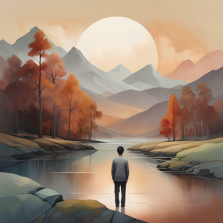 Rear view of a man standing on the shore of a mountain lake and looking at the sunset.の素材