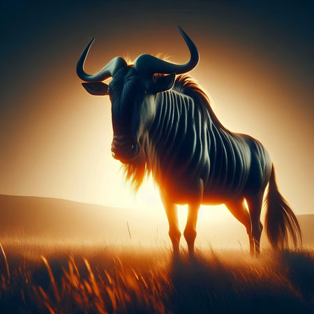 Blue wildebeest in the meadow at sunset. 3d renderの素材