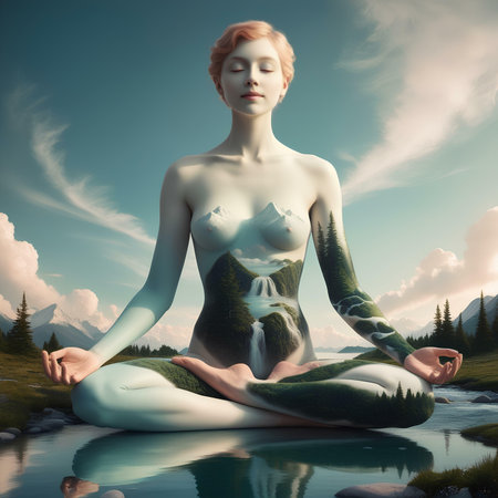 3d illustration of a beautiful woman meditating in lotus poseの素材