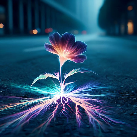 Abstract flower on the road in the city at night. 3d renderingの素材