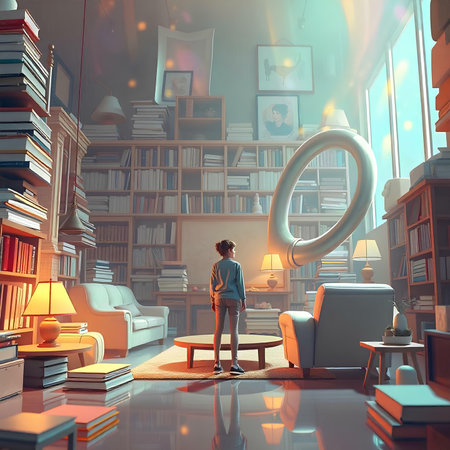 Young woman sitting in the living room and reading a book. 3D renderingの素材