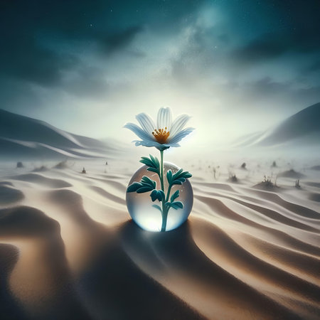 Conceptual image with flower in a glass sphere in the desertの素材
