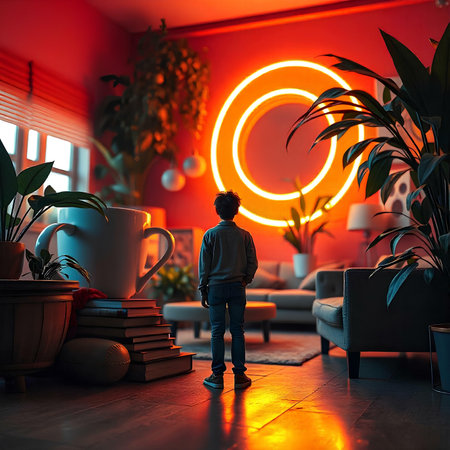 Back view of little boy standing in living room and looking at bright neon lightsの素材