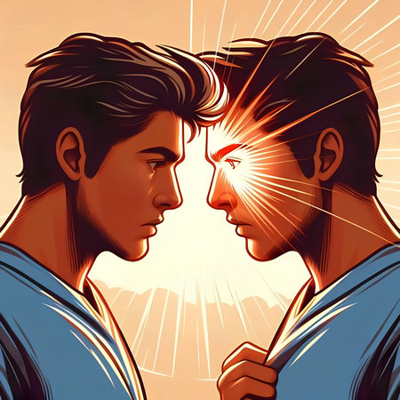 Two young men in the rays of the rising sun. vector illustrationの素材
