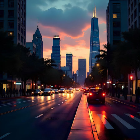 the light trails on the modern building background in shanghai china.の素材