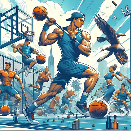 Basketball players in action. Vector illustration of basketball player with ball in hand.の素材
