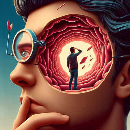 3D illustration of a man looking at the eye through a magnifying glassの素材