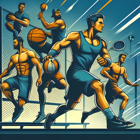Basketball players on basketball court, vector illustration in retro style.の素材
