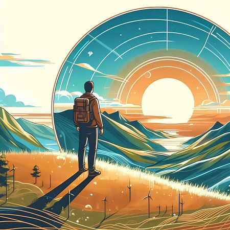 Vector illustration of a man with a backpack on the background of the setting sunの素材