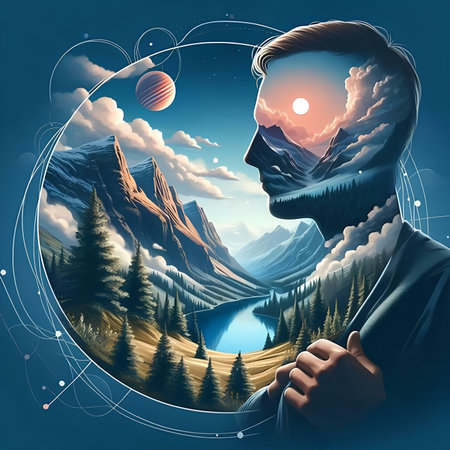 Man in the mountains at sunset. Fantasy landscape. Vector illustration.の素材