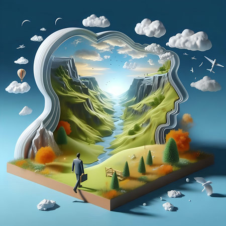3d illustration of a man standing on the edge of a cliff and looking at the landscapeの素材