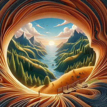 Fantasy landscape in the form of an arch. 3D illustrationの素材