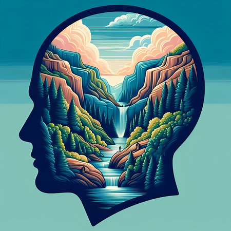 Human head with a view of the river and the mountains. Vector illustration.の素材