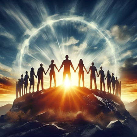 Group of business people standing on top of a mountain and holding handsの素材