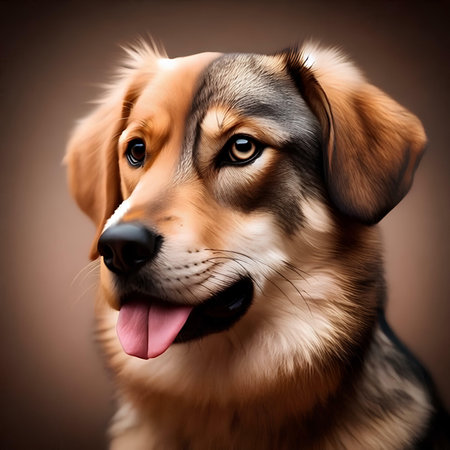 Portrait of a cute dog on a gray background. Close-up.の素材