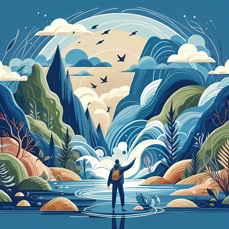 Vector illustration of a man in a raincoat standing on the bank of a mountain river.の素材