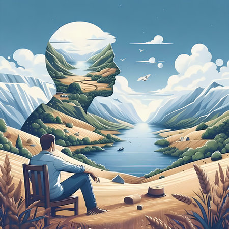 Vector illustration of a man sitting on a chair in the middle of a mountain lake.の素材
