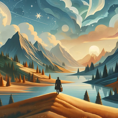 Fantasy landscape with mountains, lake and man. Vector illustration.の素材
